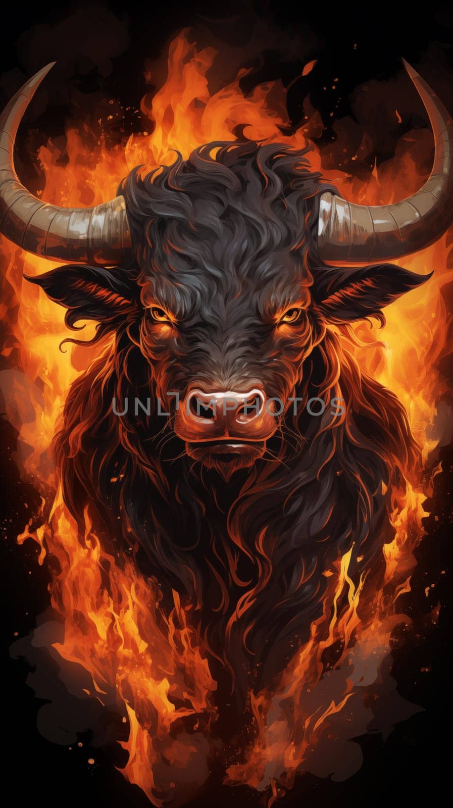 A burning Head of bull, in fire, on a black background, art drawing style. Vertical