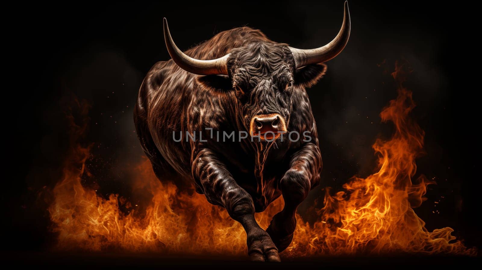 Big black bull galloping on fire, on a black background.