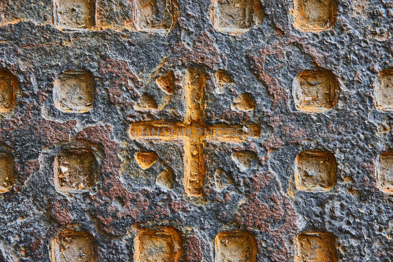 Golden Cross on Weathered Wall, Symbol of Spirituality and Heritage, Indianapolis 2023