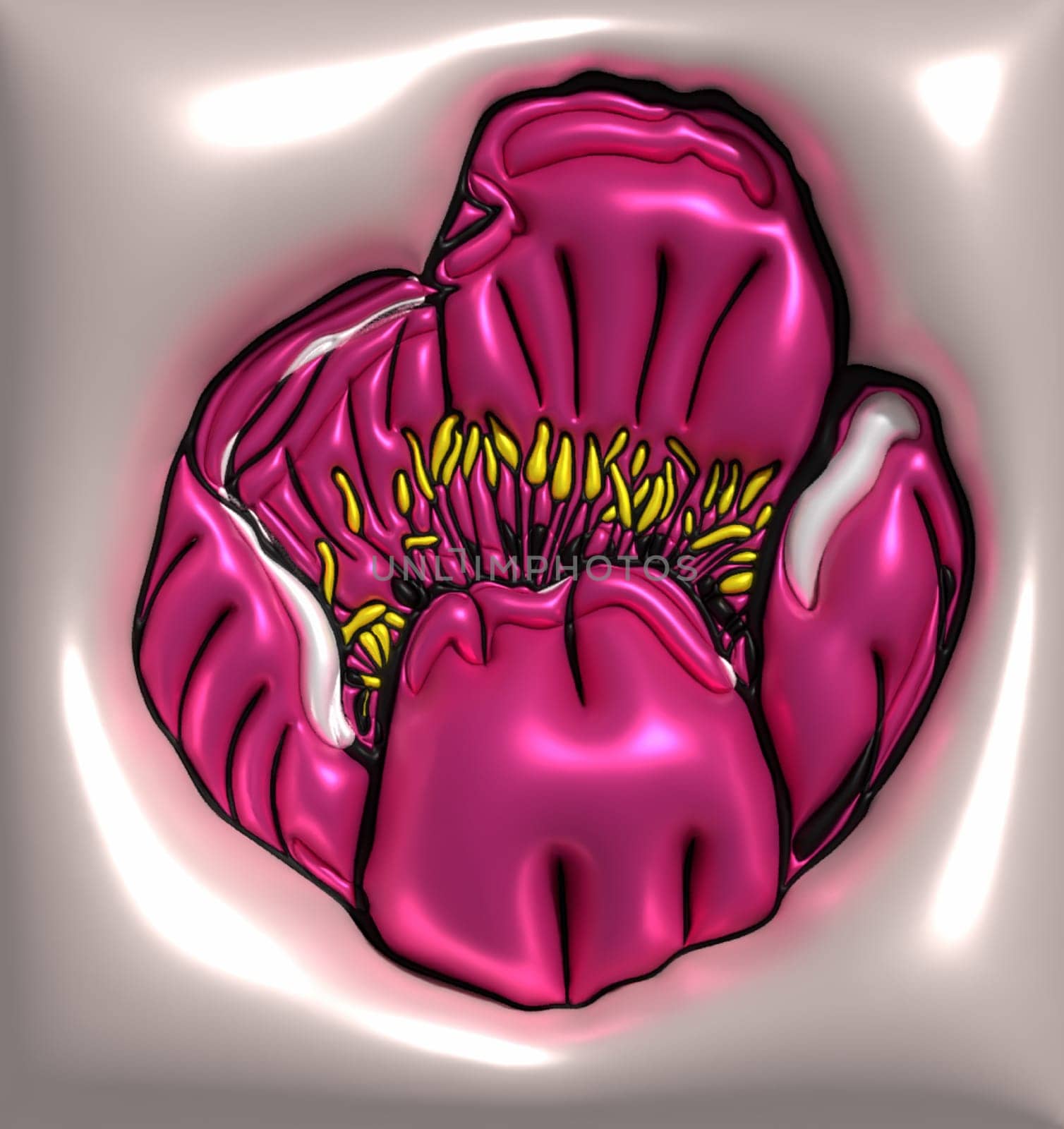 Red peony with yellow pistils on a pink background, 3D rendering illustration