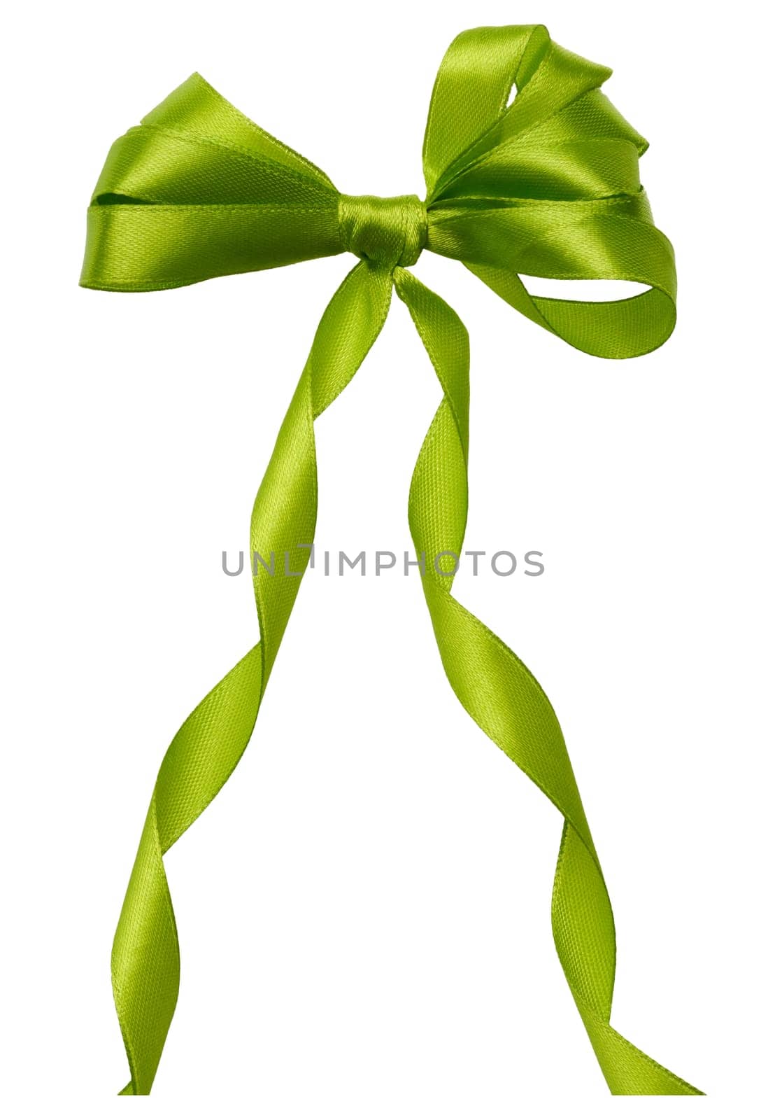 Tied bow from green silk ribbon on isolated background, decor for gift by ndanko