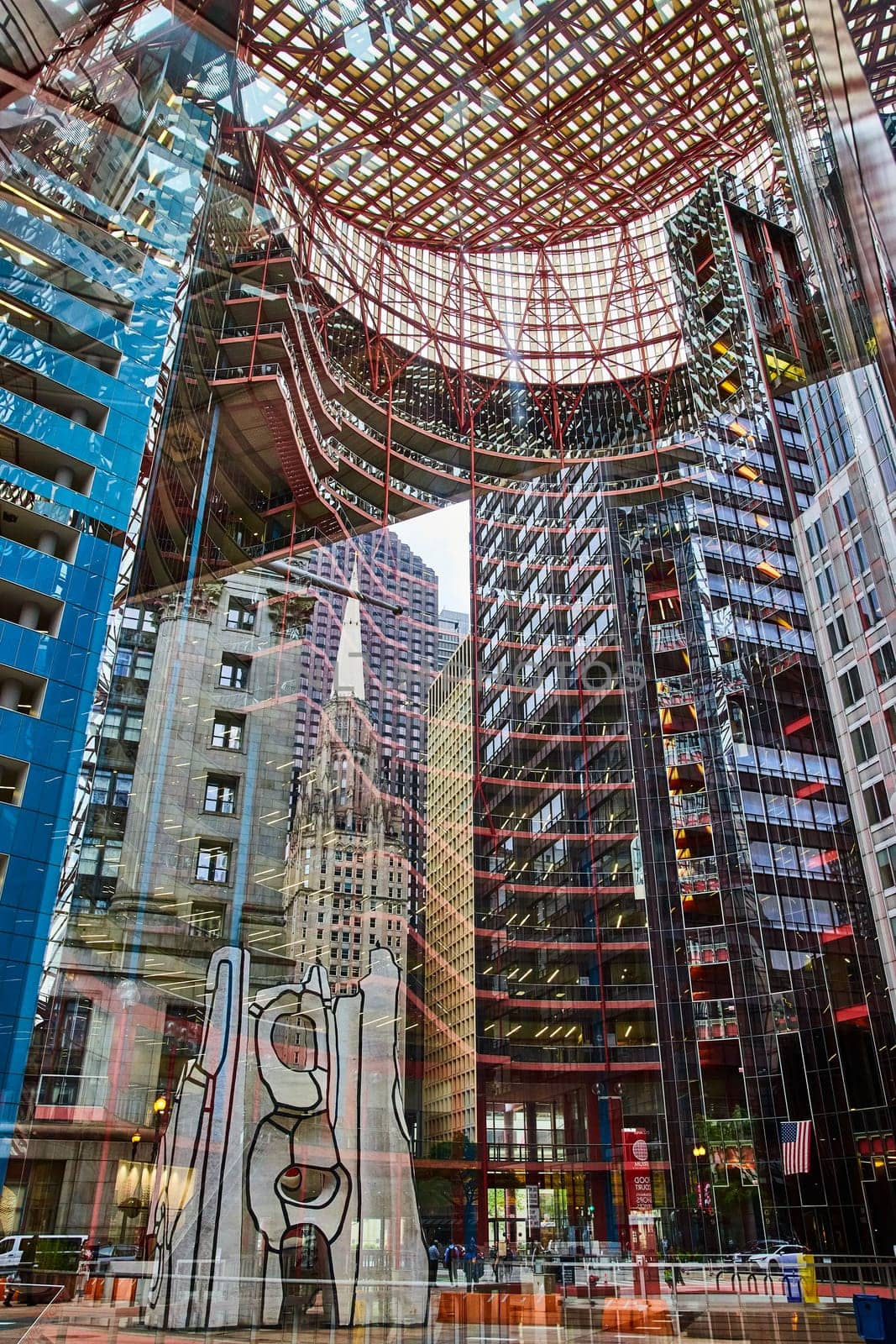 Image of Chicago skyscrapers with overlay of reflection of James R Thompson building