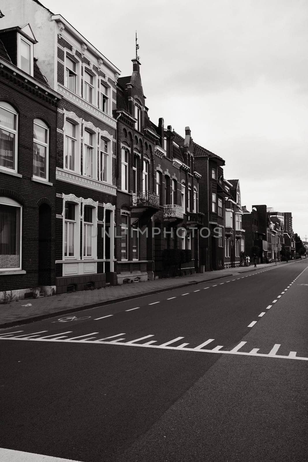 Grayscale, vertical shot of a typical street with small townhouses in Venlo, Netherlands.