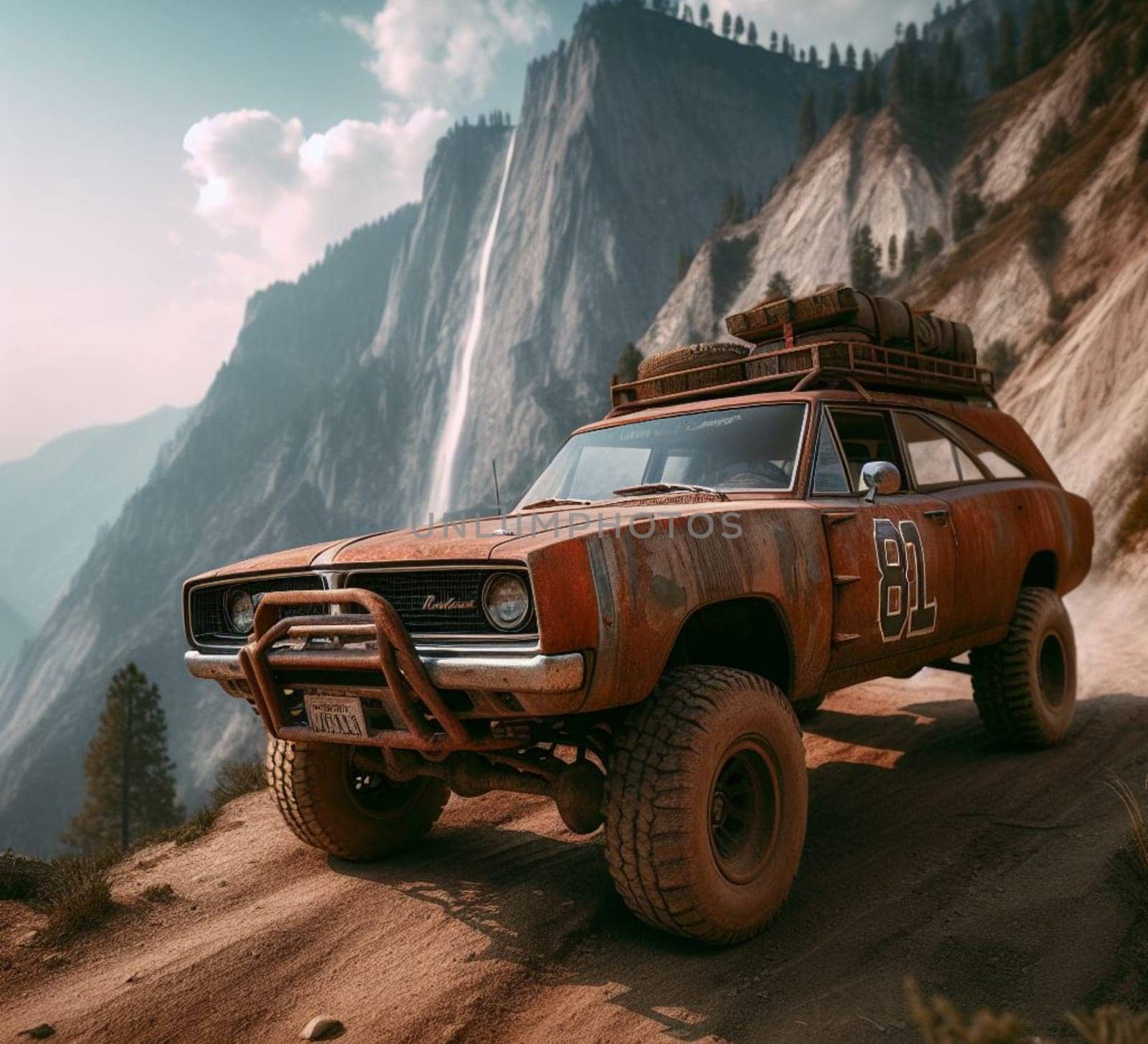 rusty dirt offroad 4x4 lifted vintage custom camper conversion jeep overlanding in mountain roads, nomadic lifestyle, adventure living, ai generated