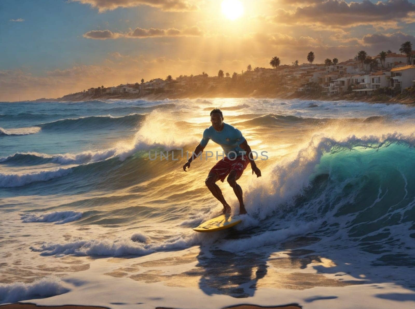 one male surfer catch waves in the sea at sunset in idyllic place beach ai generated