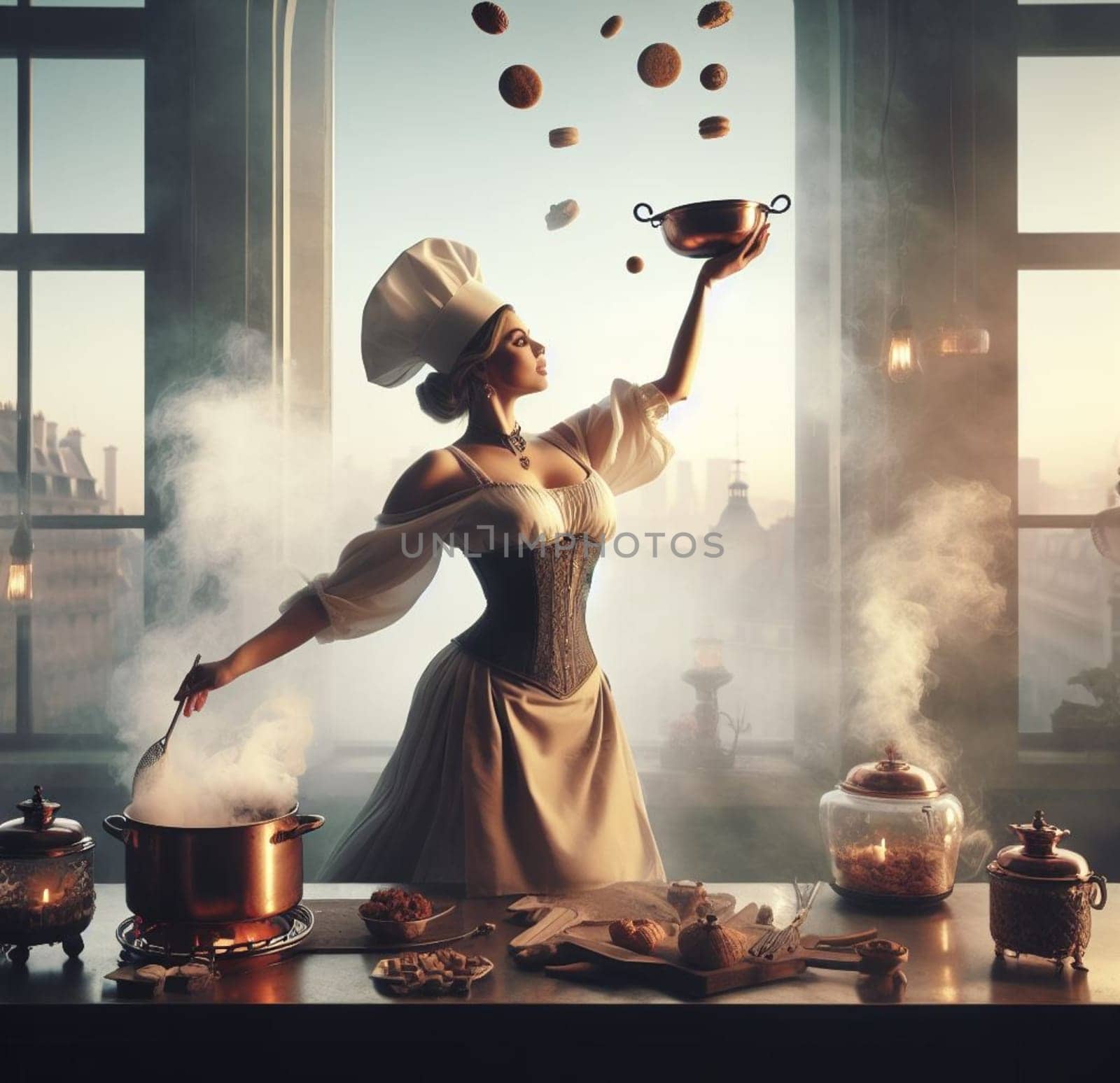 glamourous chef in steampunk kitchen with windiwn natural light cooking posing dancing singing illustration generative ai art