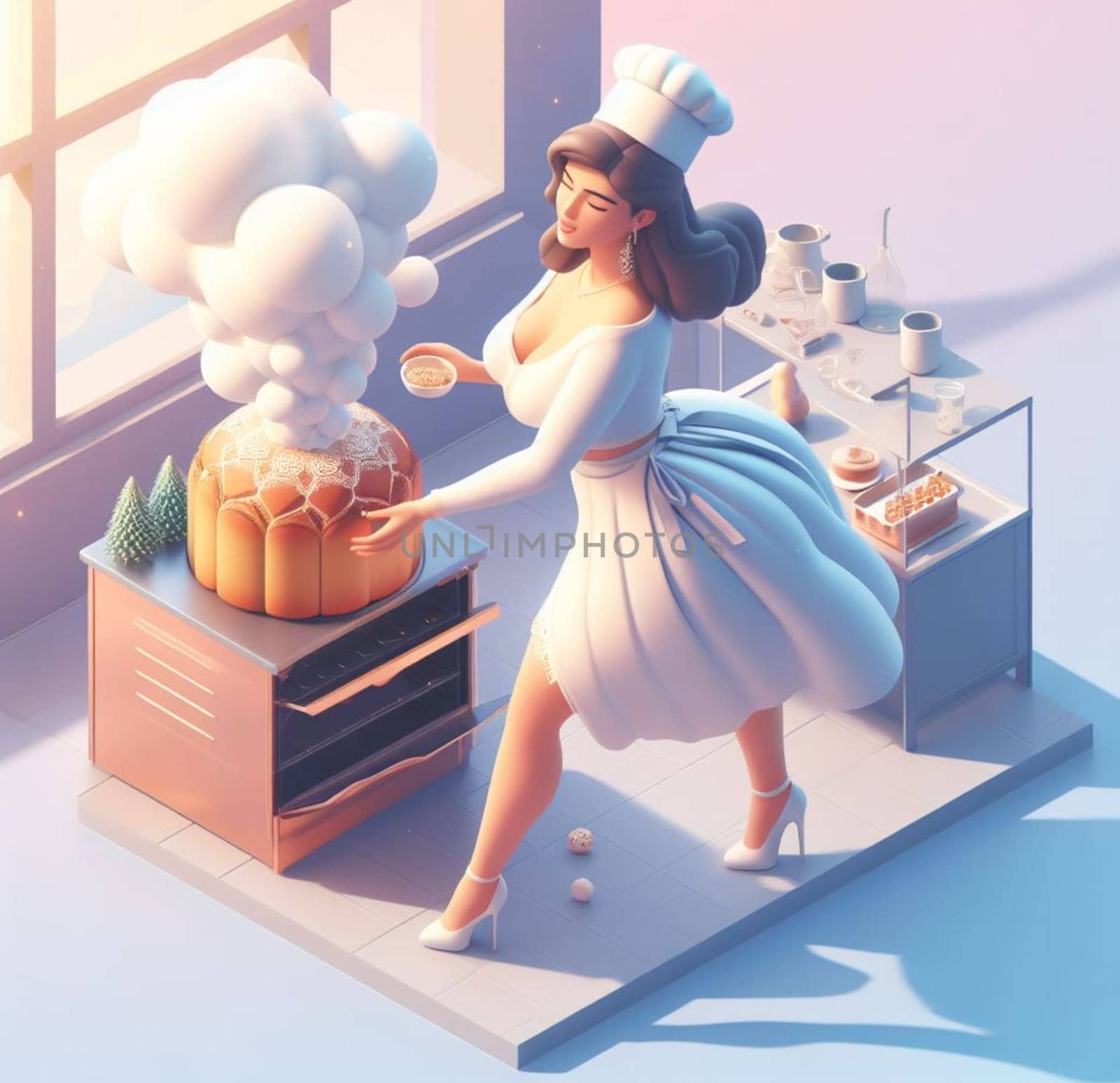 glamourous chef in steampunk kitchen with windiwn natural light cooking posing dancing singing illustration generative ai art