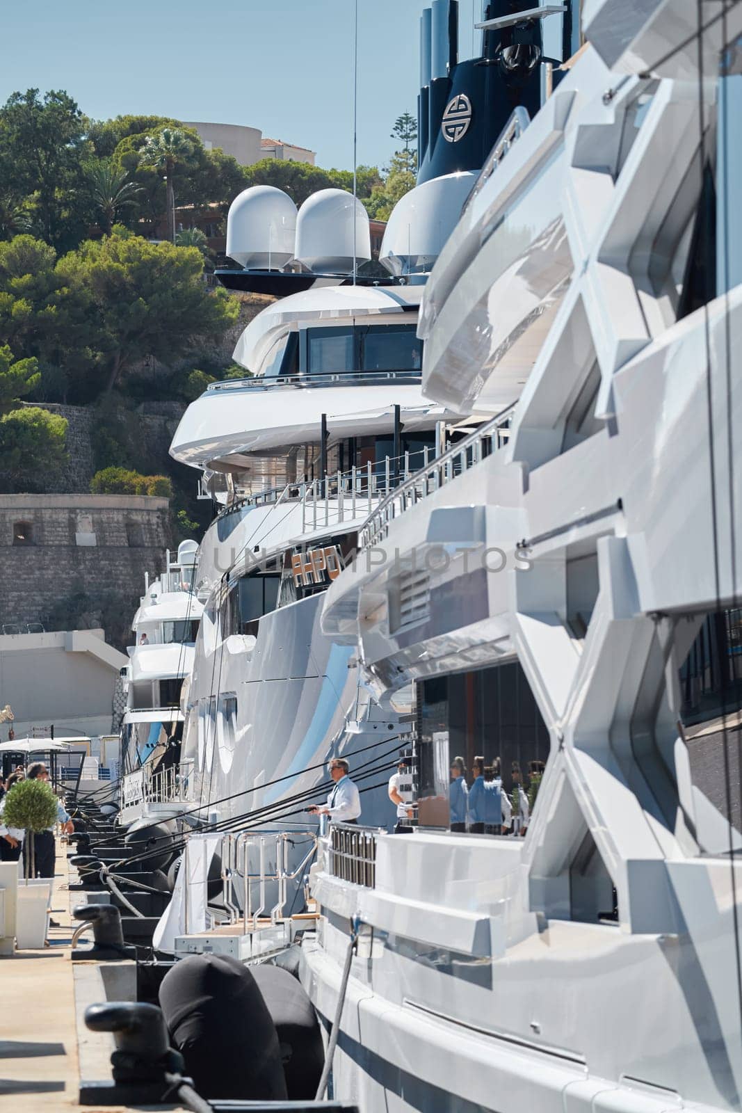Monaco, Monte Carlo, 28 September 2022 - The famous yacht show, exhibition of luxury mega yachts, the most expensive boats for the richest people around the world, yacht brokers. High quality photo