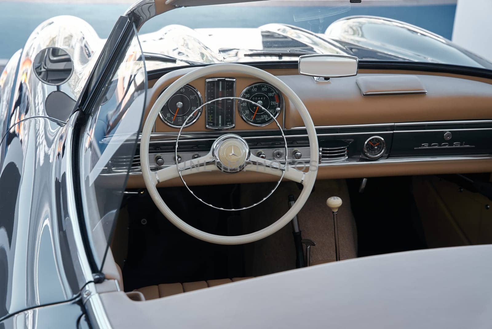 Monaco, Monte Carlo, 28 September 2022 - Interior of classic Mercedes Benz on exhibition of exclusive cars during the yacht show, the famous motorboat exhibition in the principality. High quality photo