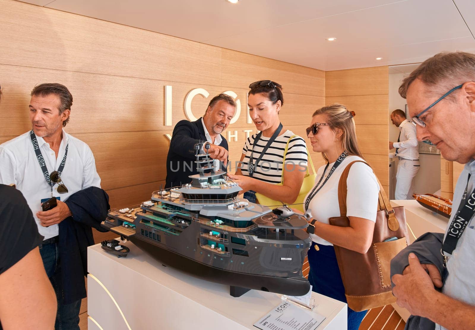 Monaco, Monte Carlo, 28 September 2022 - a lot of people, clients and yacht brokers look at the mega yachts presented, discuss the novelties of the boating industry at the famous motorboat exhibition by vladimirdrozdin