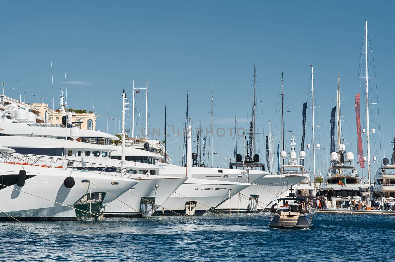 Monaco, Monte Carlo, 28 September 2022 - Top view of the famous yacht show, exhibition of luxury mega yachts, the most expensive boats for the richest people around the world, yacht brokers. High quality photo