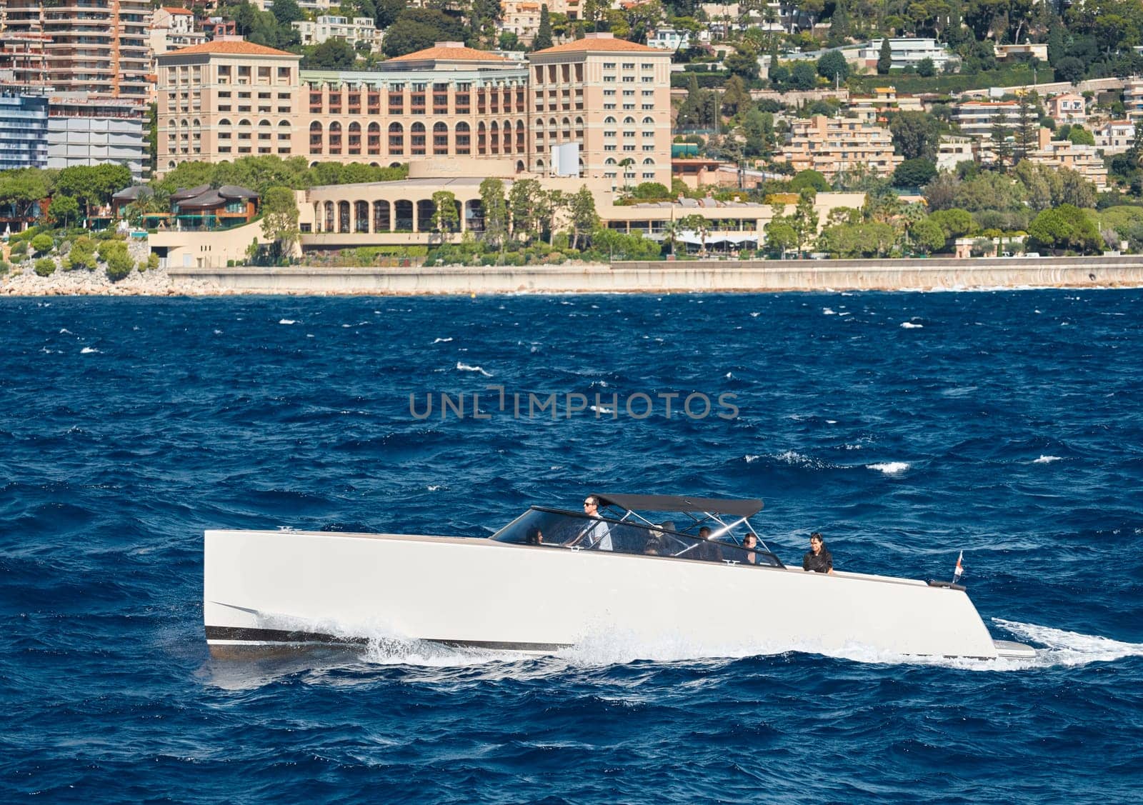 Monaco, Monte Carlo, 28 September 2022: Famous hotel Monte-Carlo Bay, pier of beach Larvotto, Meridian beach. High quality photo