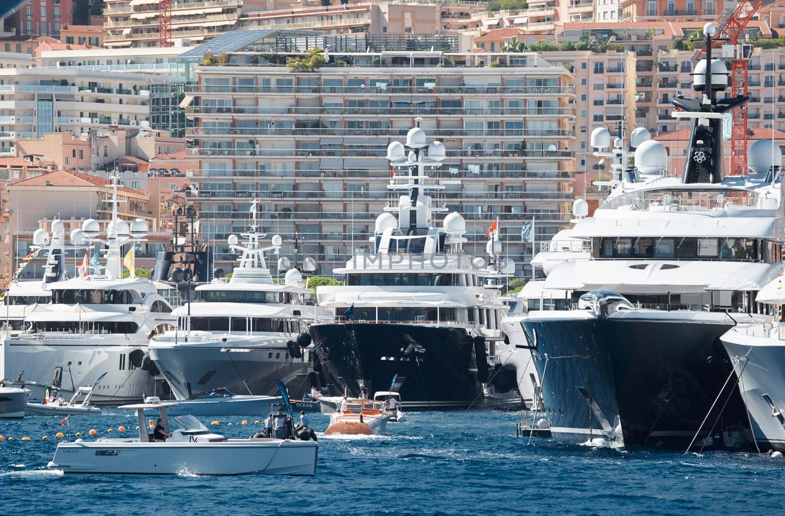 Monaco, Monte Carlo, 28 September 2022 - Top view of the famous yacht show, exhibition of luxury mega yachts, the most expensive boats for the richest people around the world, yacht brokers. High quality photo