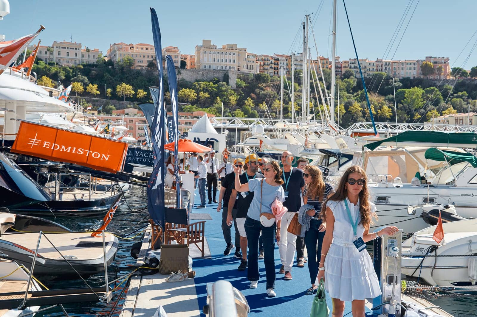 Monaco, Monte Carlo, 28 September 2022 - a lot of people, clients and yacht brokers look at the mega yachts presented, discuss the novelties of the boating industry at the famous motorboat exhibition by vladimirdrozdin