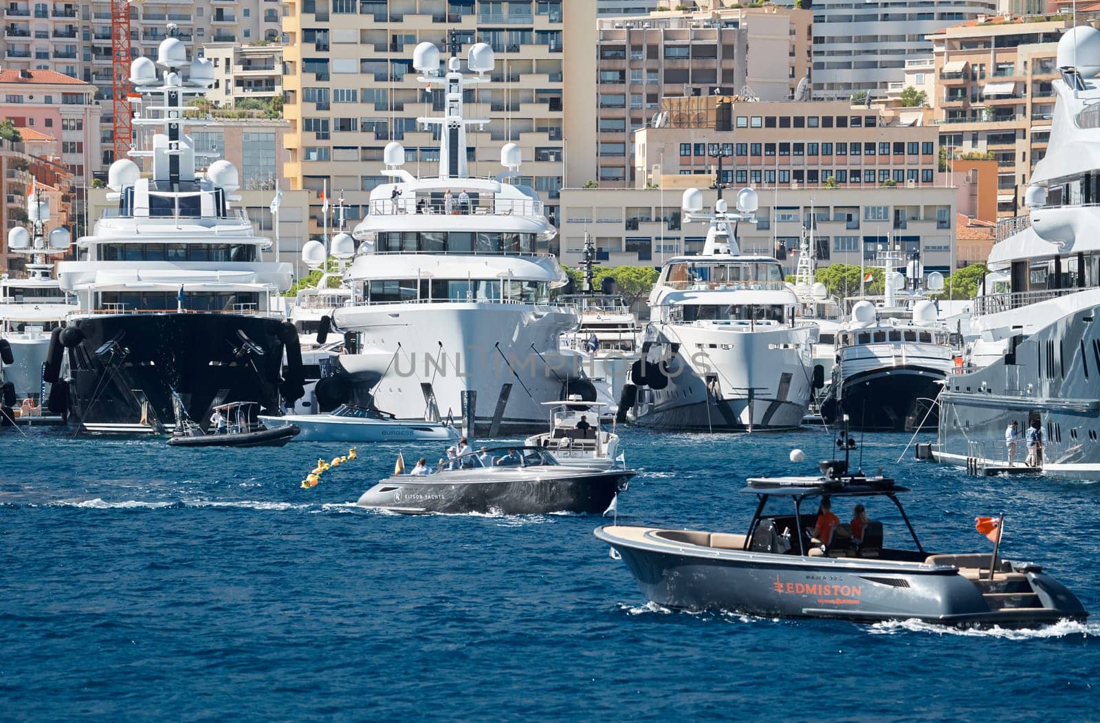 Monaco, Monte Carlo, 28 September 2022 - a lot of luxury yachts at the famous motorboat exhibition in the principality, the most expensive boats for the richest people around the world, yacht brokers. High quality photo