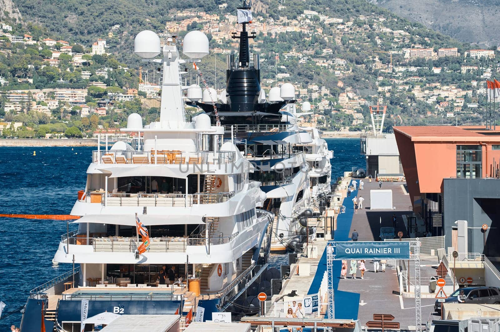 Monaco, Monte Carlo, 28 September 2022 - a lot of luxury yachts at the famous motorboat exhibition in the principality, the most expensive boats for the richest people around the world, yacht brokers. High quality photo