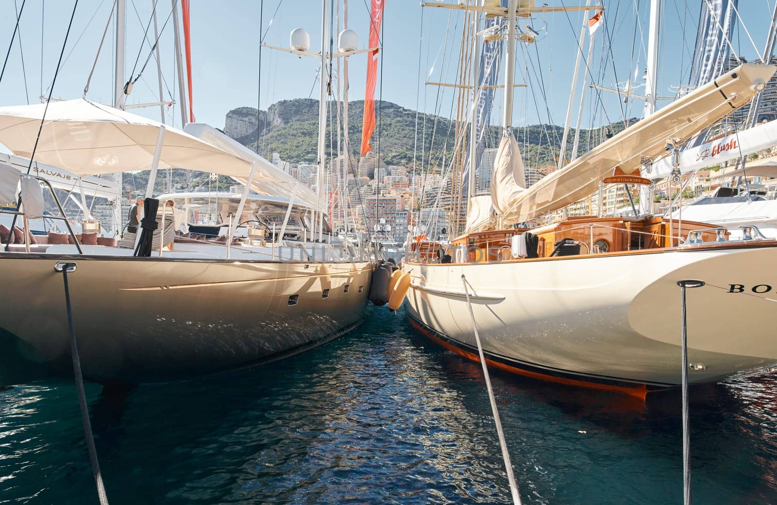 Monaco, Monte Carlo, 27 September 2022 - a lot of luxury yachts at the famous motorboat exhibition in the principality, the most expensive boats for the richest people around the world, yacht brokers. High quality photo