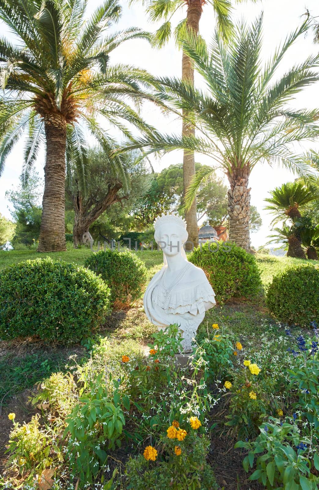 Monaco, Monaco Ville, 28 September 2022 - Bust by Georges Diebolt of the Empress Eugenie, wife of Napoleon III in gardens of Monaco Ville, looking at the horizon towards Cap Martin. High quality photo