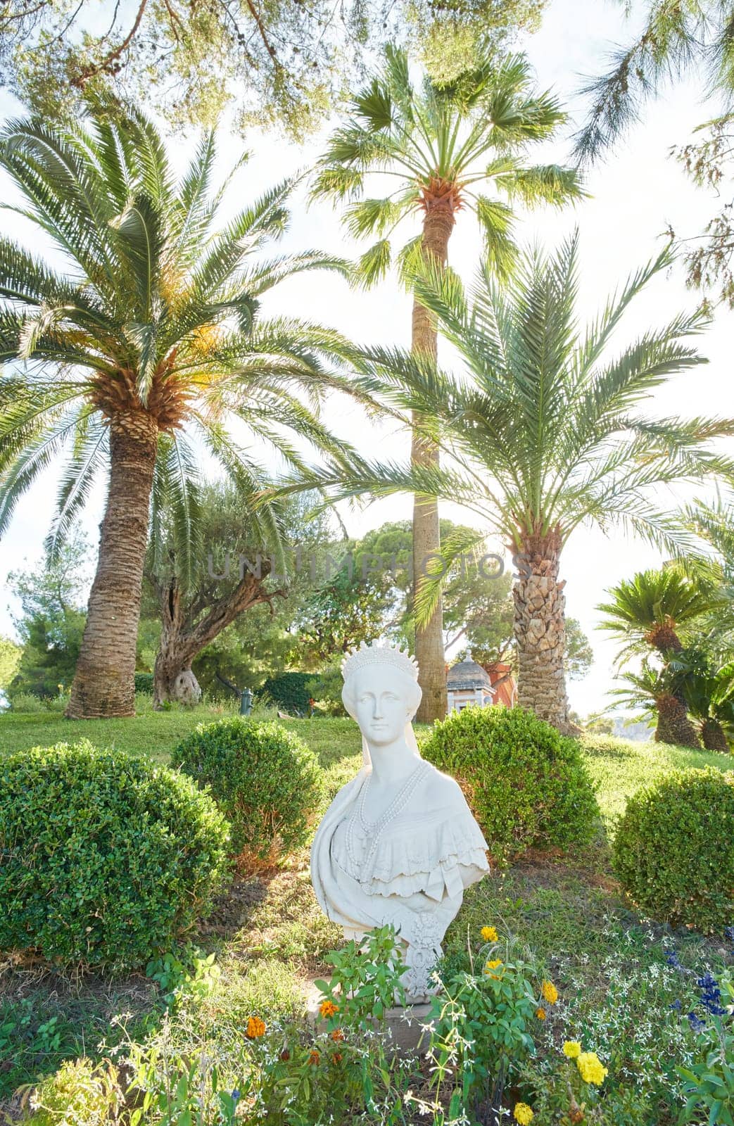 Monaco, Monaco Ville, 28 September 2022 - Bust by Georges Diebolt of the Empress Eugenie, wife of Napoleon III in gardens of Monaco Ville, looking at the horizon towards Cap Martin. High quality photo