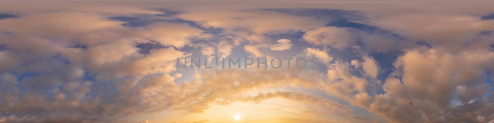 Dark blue sunset sky panorama with pink Cumulus clouds. Seamless hdr 360 pano in spherical equirectangular format. Full zenith for 3D visualization, game, sky replacement for aerial drone panoramas