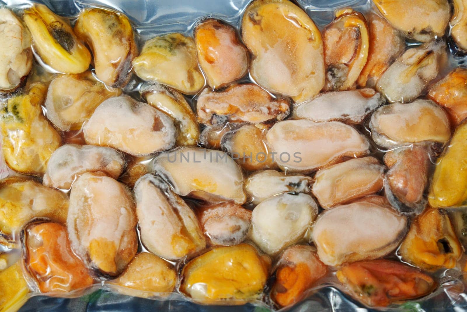 Frozen mussels background. Frozen seafood. Wholesale of fish. Peeled mussels by darksoul72