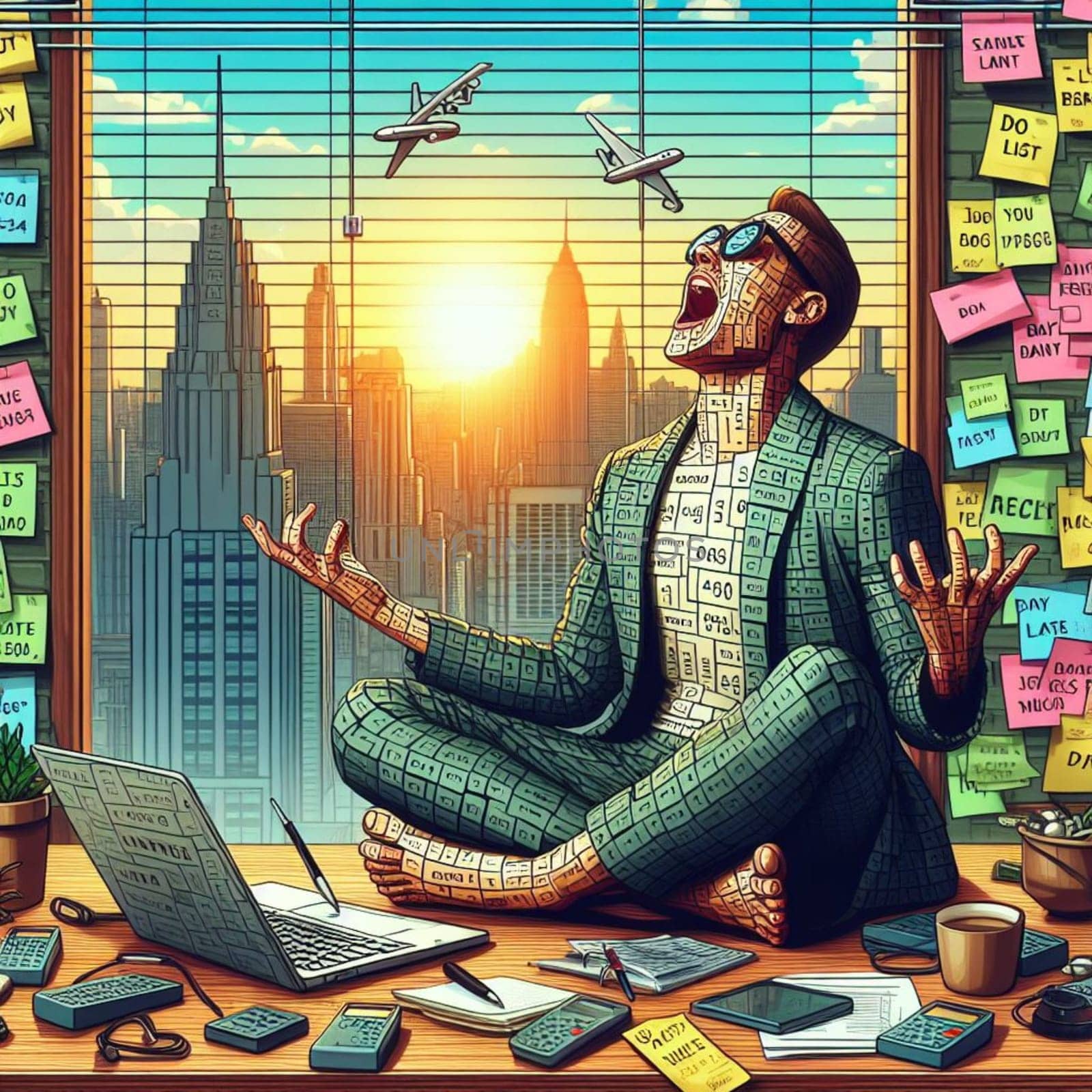 a stressed man covered of post it notes in lotus yoga position relaxing at the office by verbano