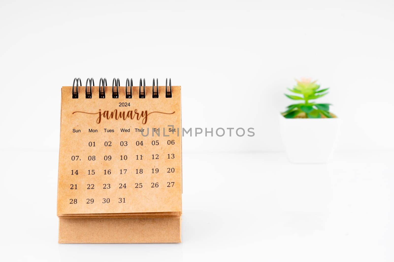 January 2024 Monthly desk calendar for 2024 year with plant pot on white background.