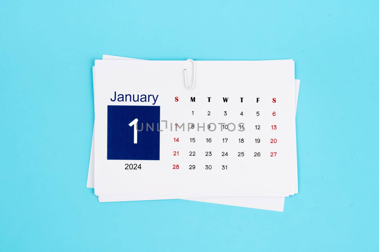 January Calendar 2024 page on blue. by Gamjai