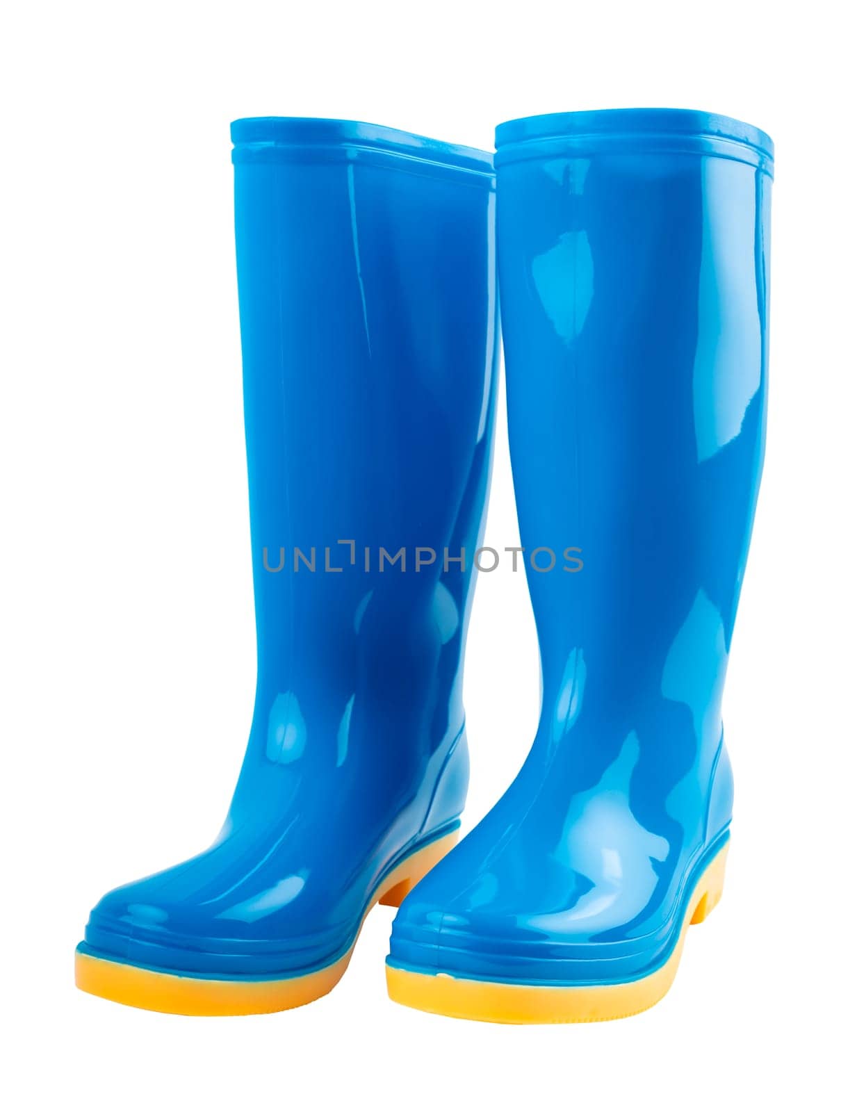 Pair of blue and yellow rubber boots isolated on white background. by Gamjai