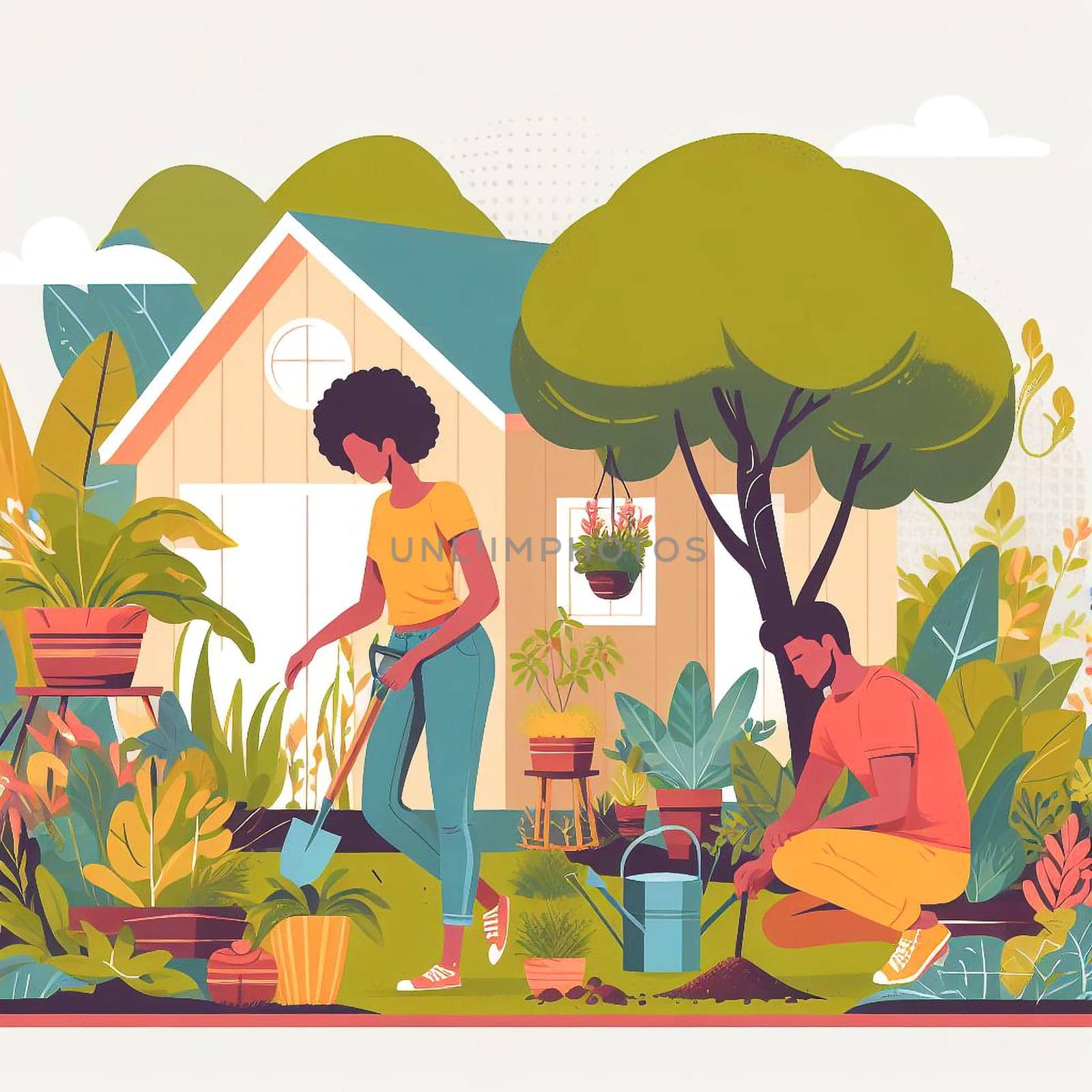 Drawing of man and woman planting in garden, gardening concept