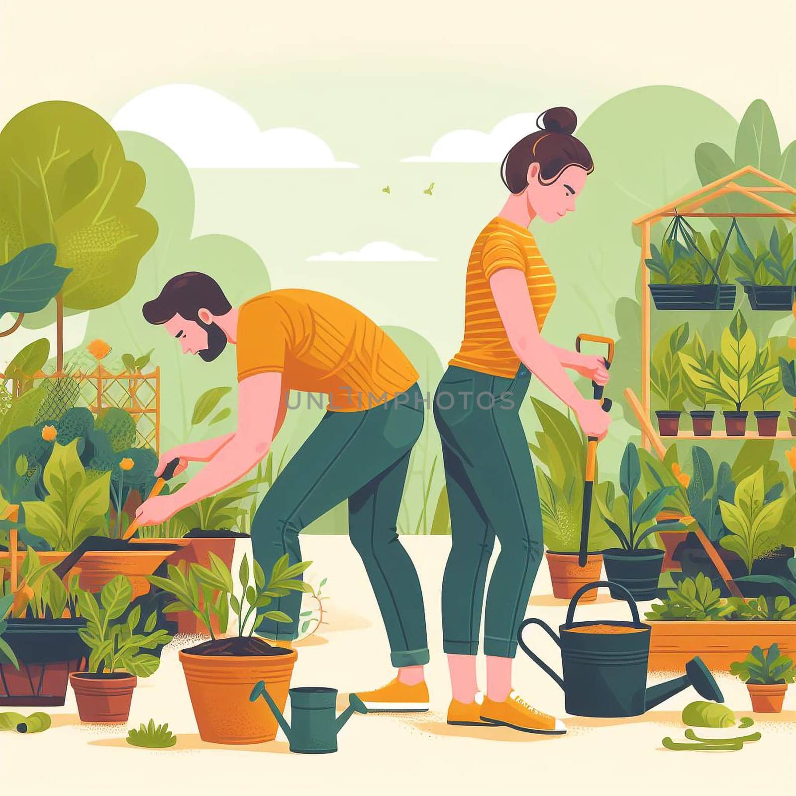 Drawing of man and woman planting in garden, gardening concept. by EkaterinaPereslavtseva