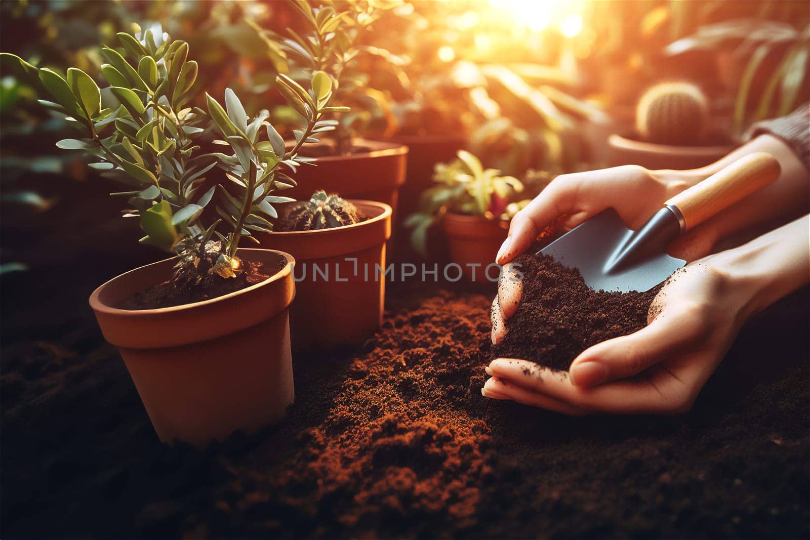 Woman in a greenhouse is planting seedlings in soil. Nearby there are garden supplies. The concept of nature conservation and agriculture.