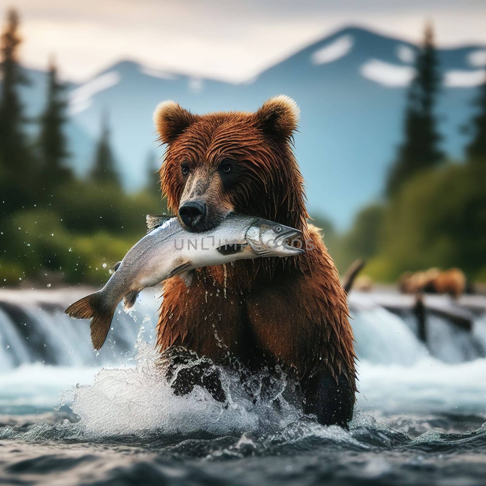 Brown bear catches salmon going to spawn, Generative AI. High quality illustration