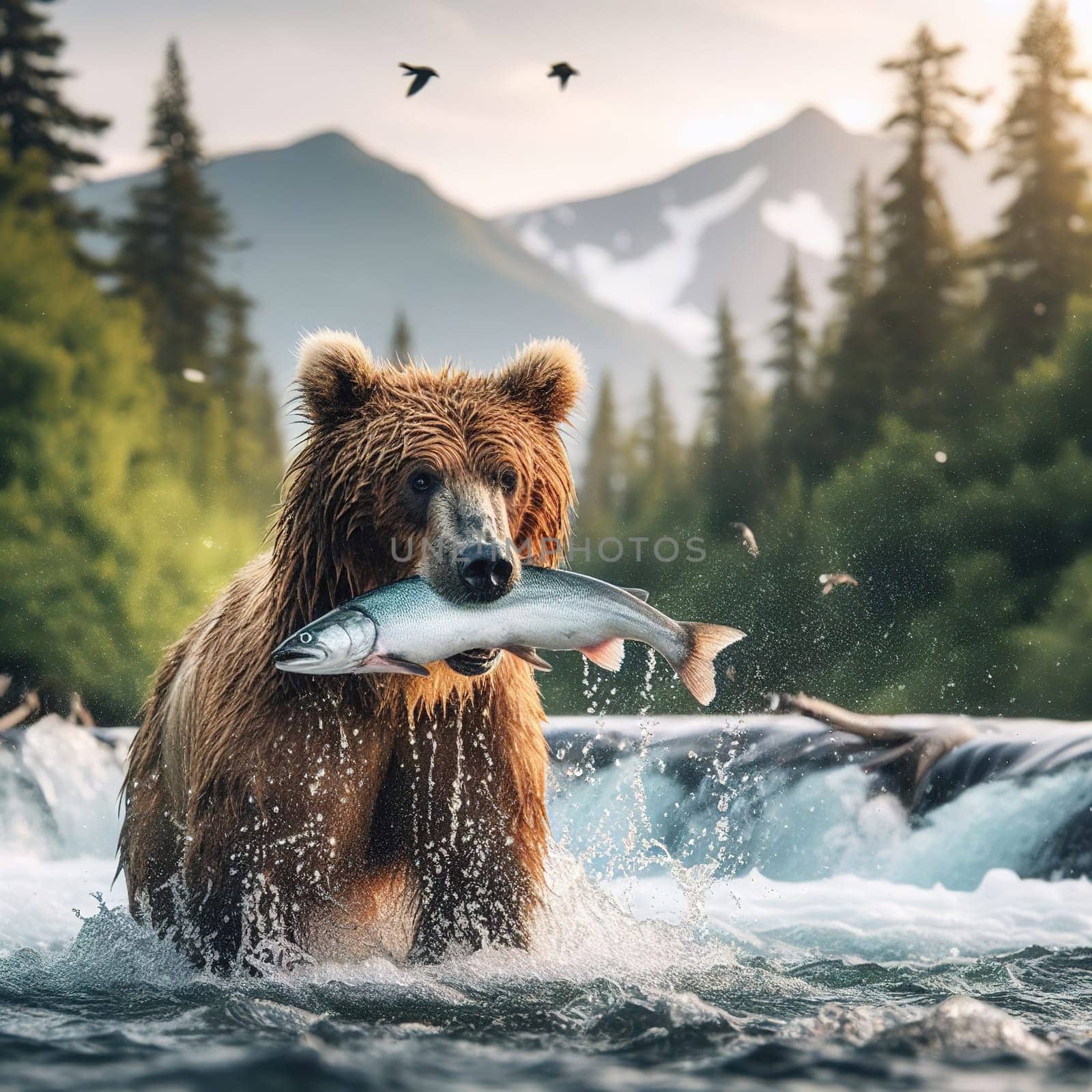 Brown bear catches salmon going to spawn, Generative AI. High quality illustration