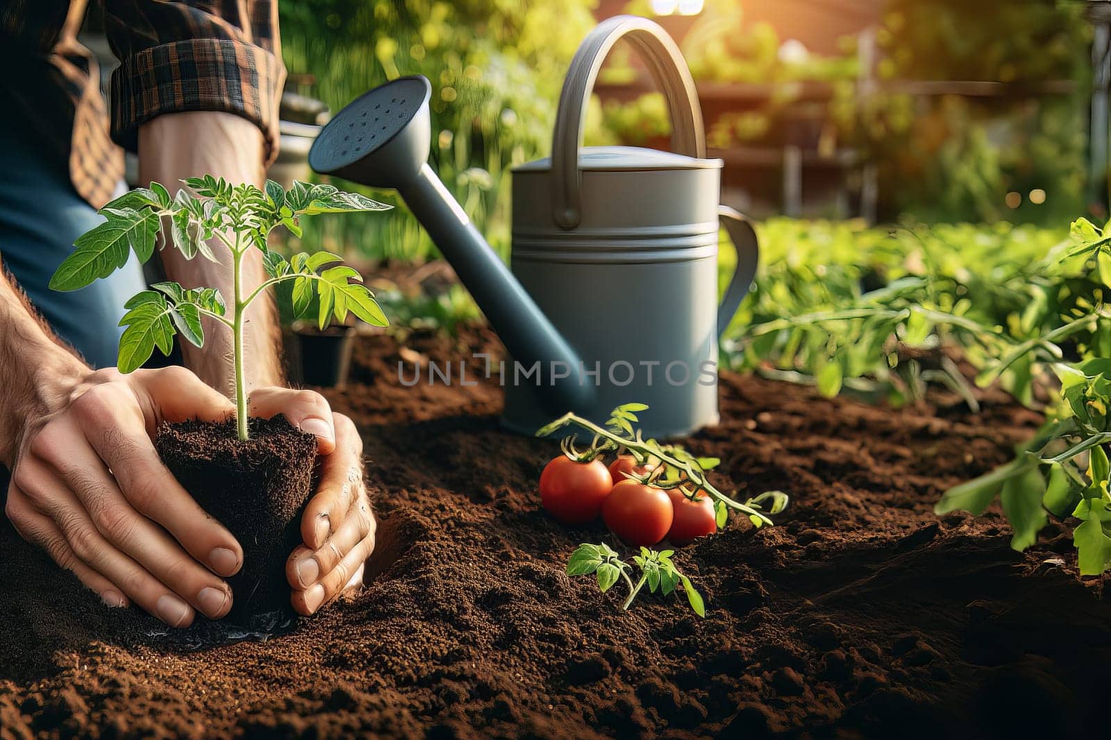 Farmer plants tomatoes in vegetable garden, fresh vegetables and gardening by EkaterinaPereslavtseva