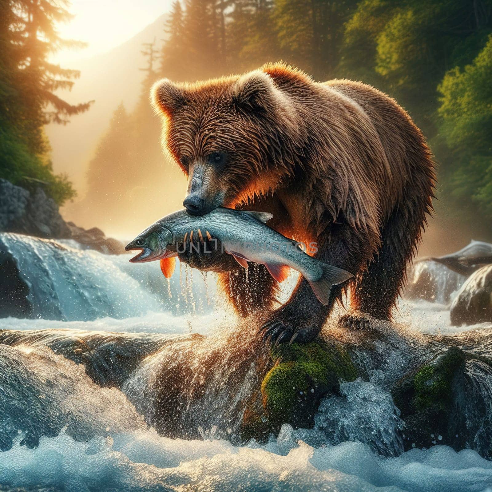 Brown bear catches salmon going to spawn, Generative AI by gordiza