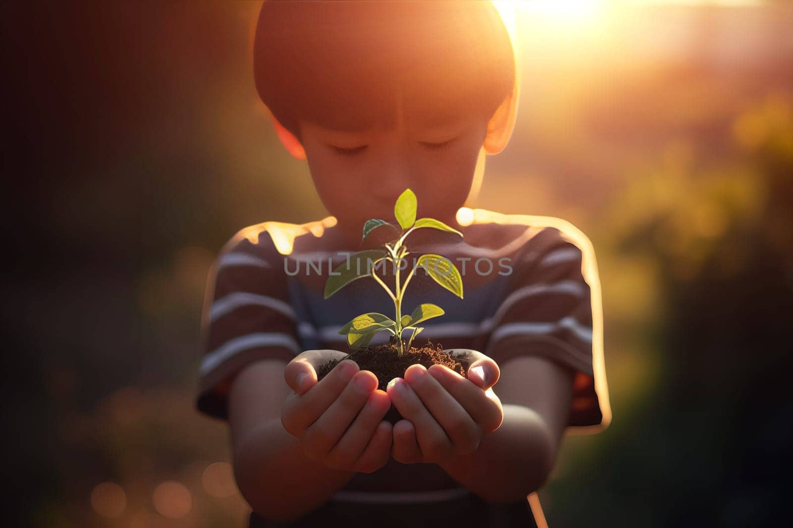 World environment day concept children's hands holding young plant with soil on blurred forests sunset background