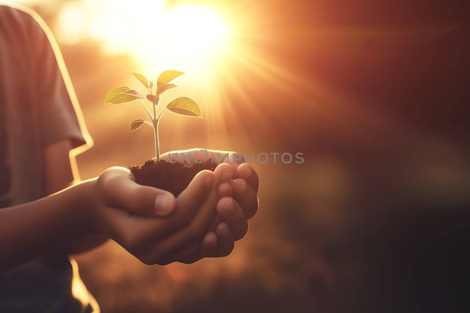 World environment day concept children's hands holding young plant with soil on blurred