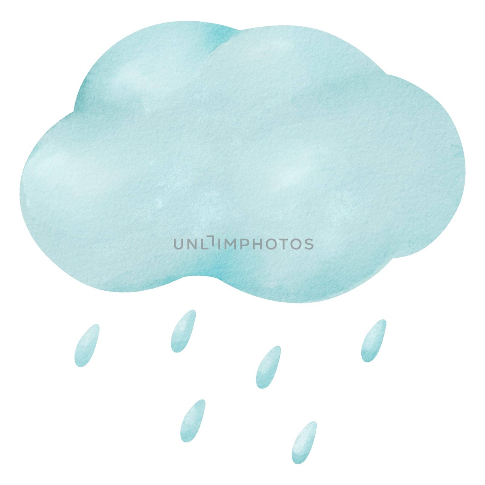 watercolor illustration. fluffy cloud and gentle raindrops in a cartoon style. for children's books, weather-related graphics, or imaginative artworks. delightful and soothing atmosphere.