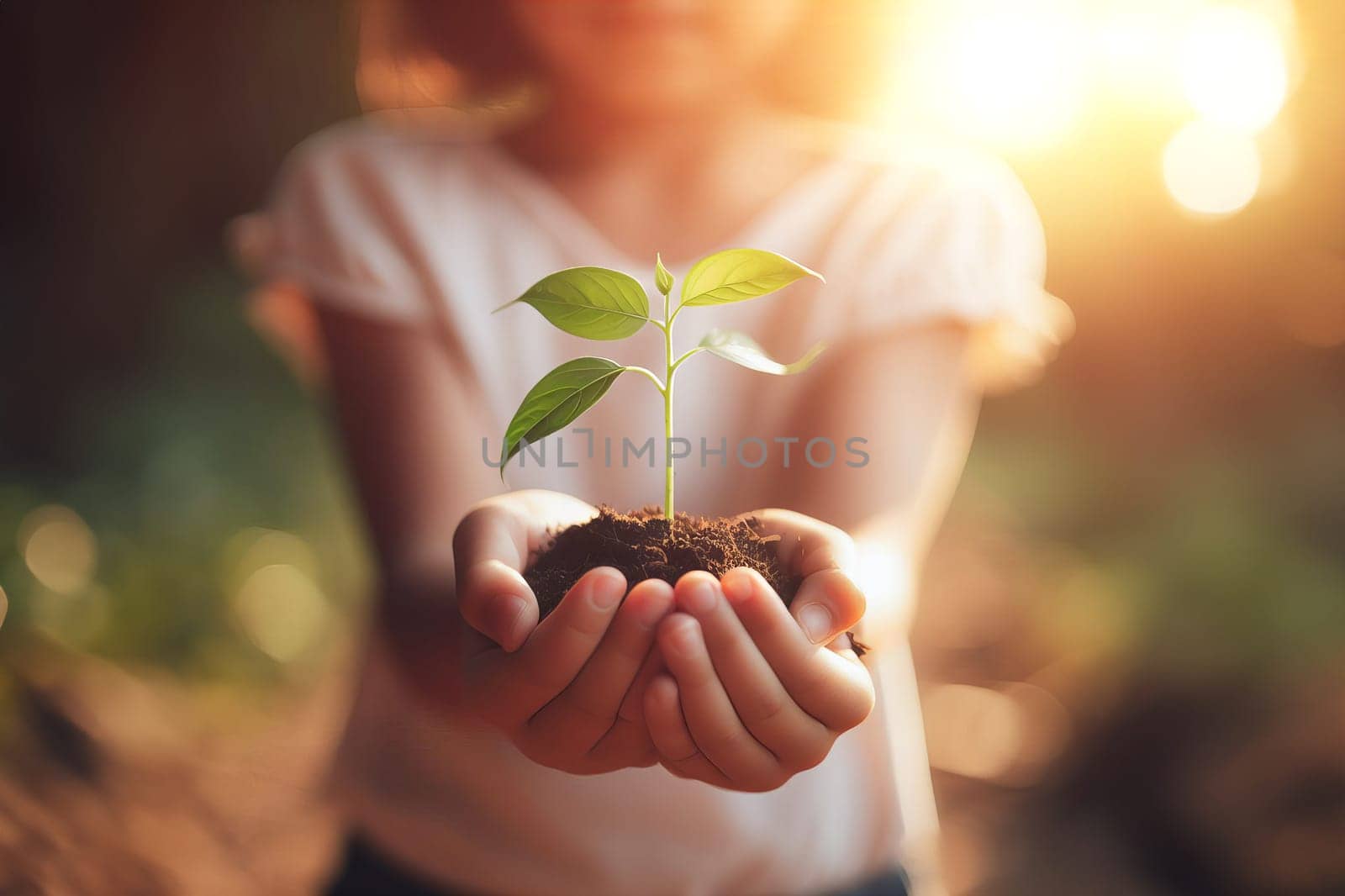 World environment day concept children's hands holding young plant with soil on blurred forests sunset background by EkaterinaPereslavtseva