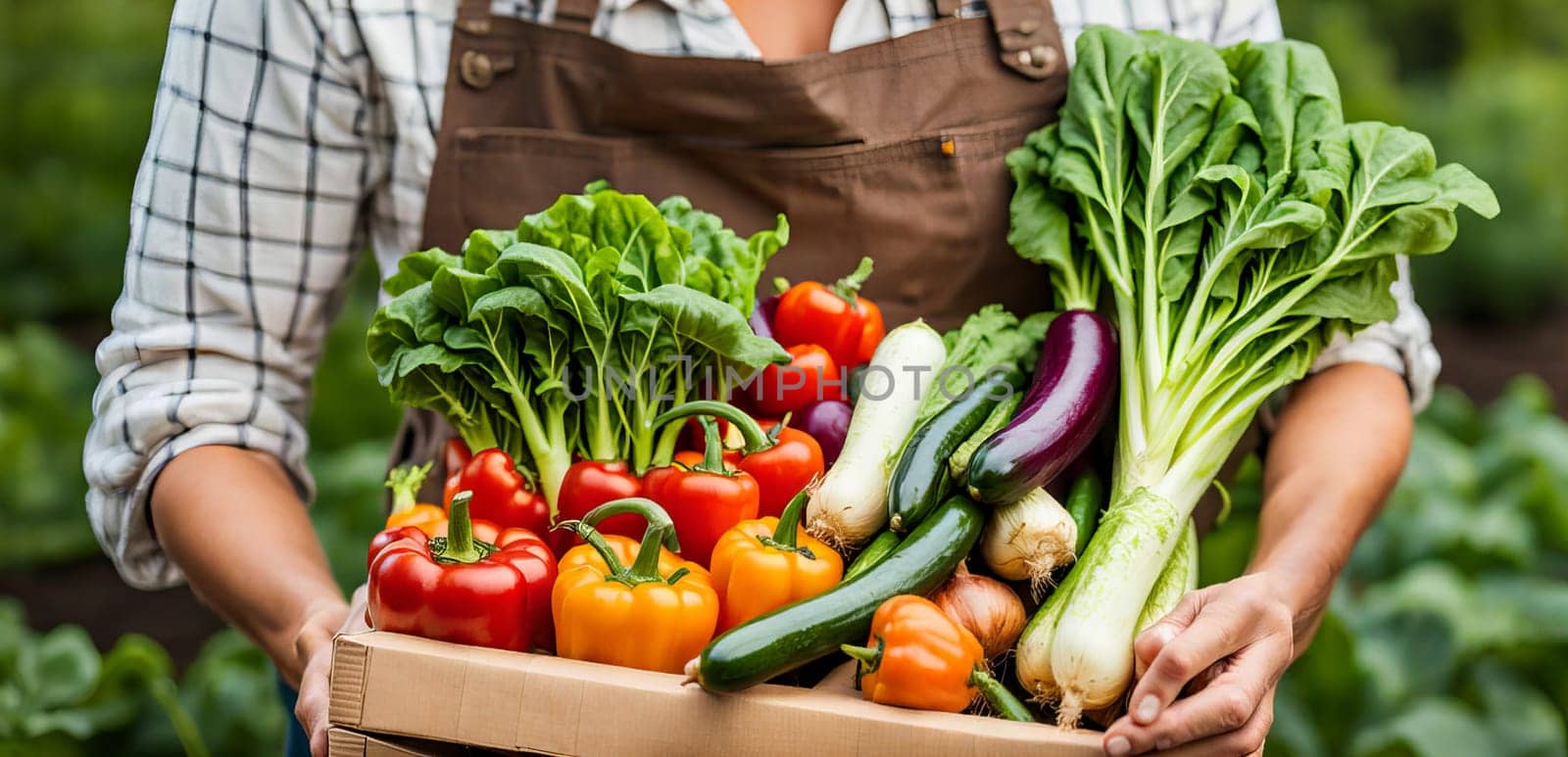 Farmer woman holding box full of fresh raw vegetables. Basket with vegetable in the hands.