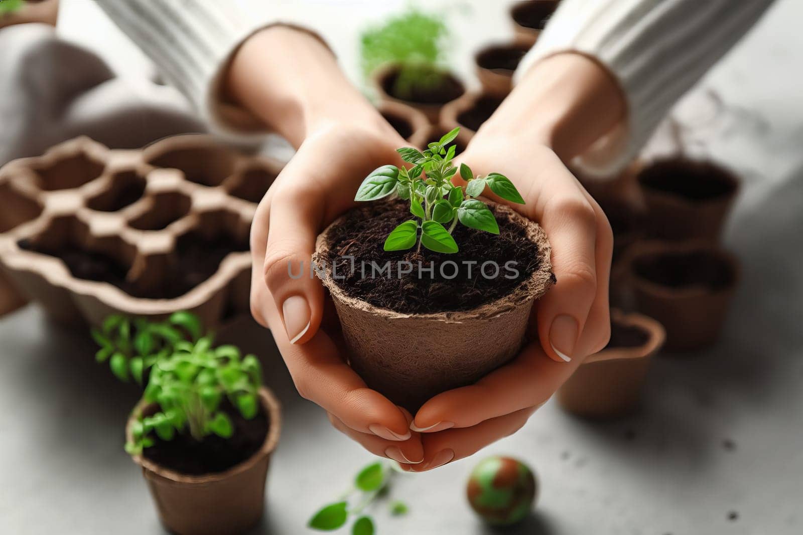 Woman in a greenhouse is planting seedlings in soil. Nearby there are garden by EkaterinaPereslavtseva