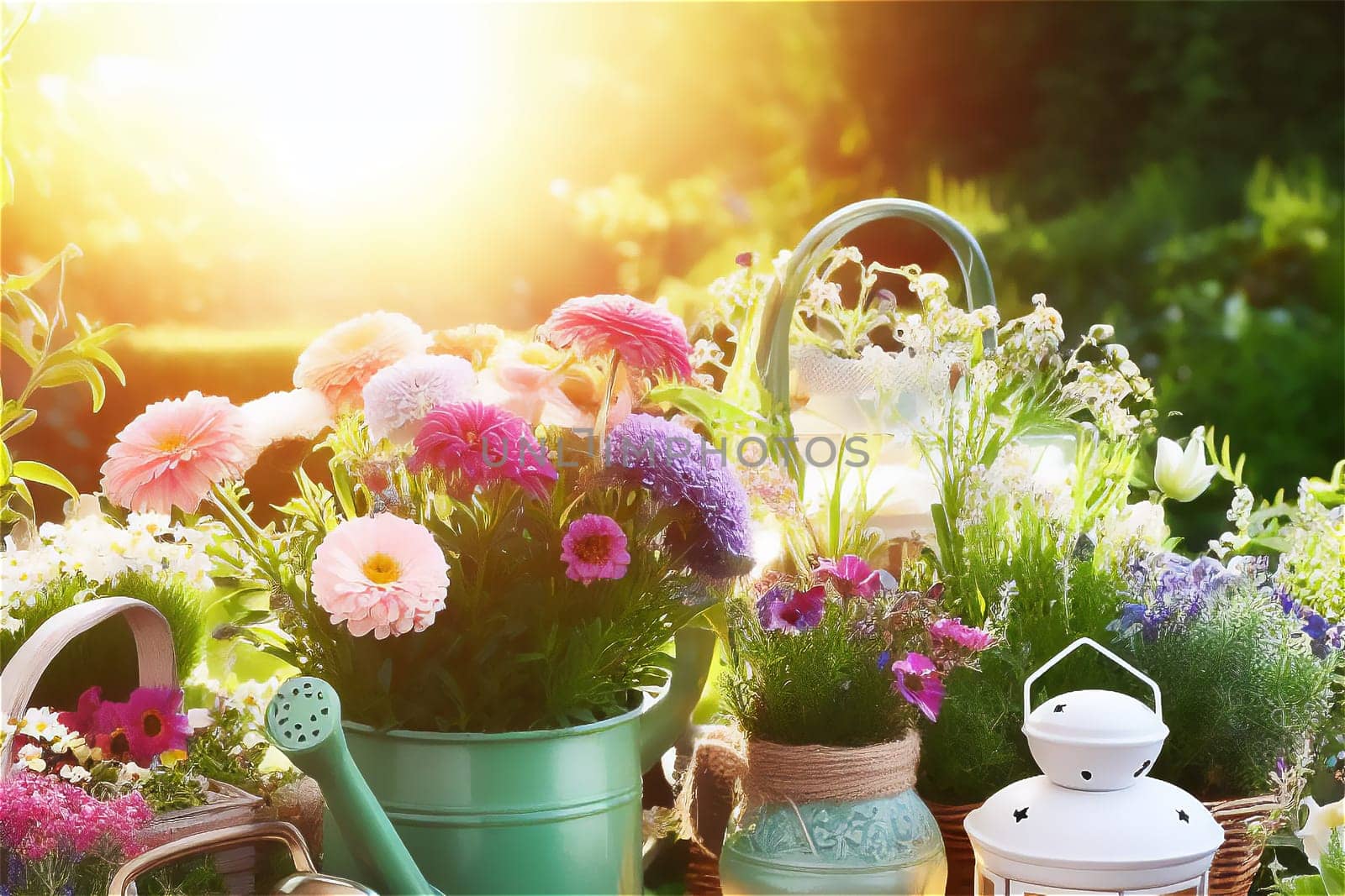 Gardening, different spring and summer flowers, gardening tools on garden table. by EkaterinaPereslavtseva