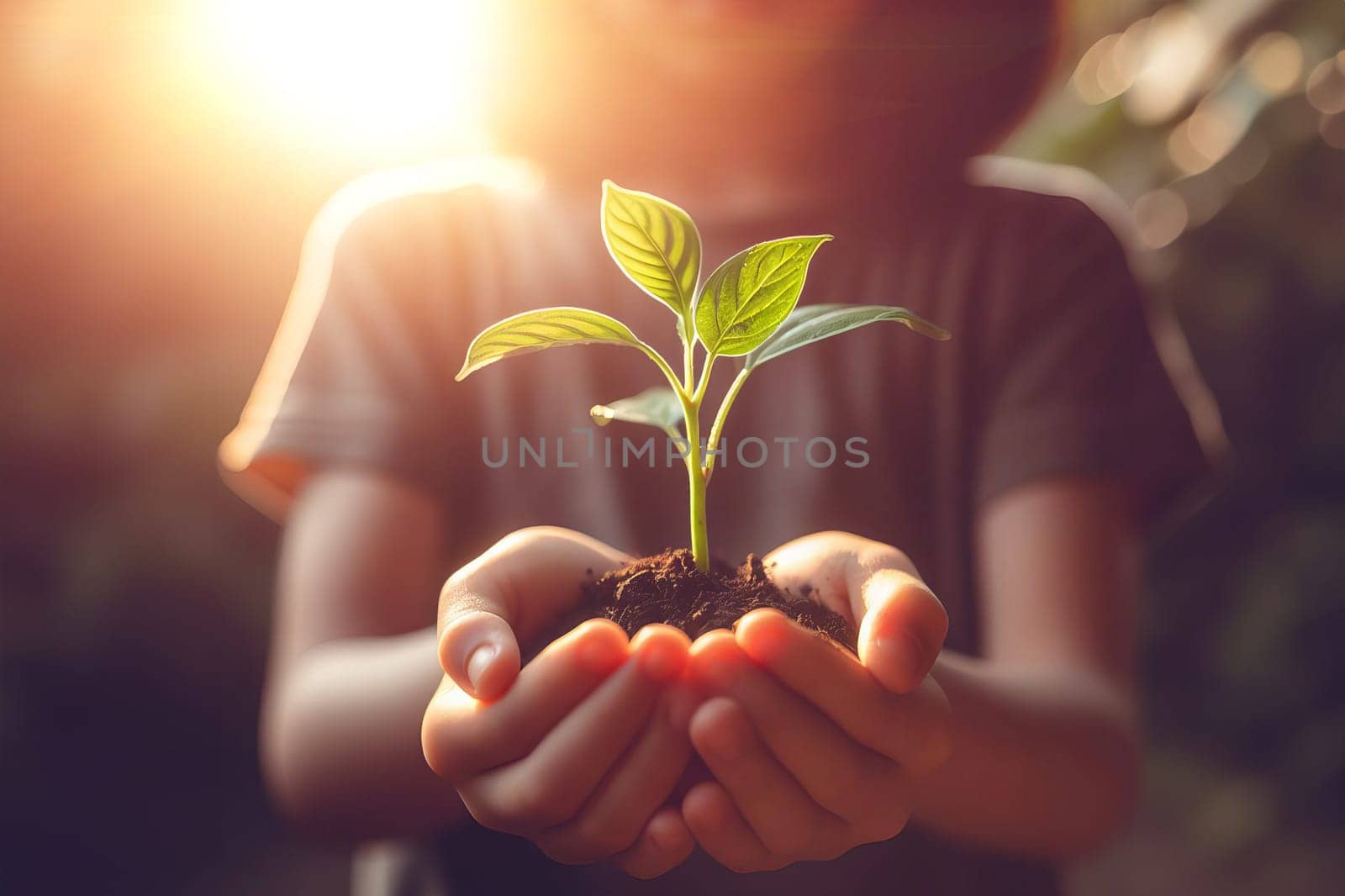 World environment day concept children's hands holding young plant with soil on blurred forests sunset background by EkaterinaPereslavtseva