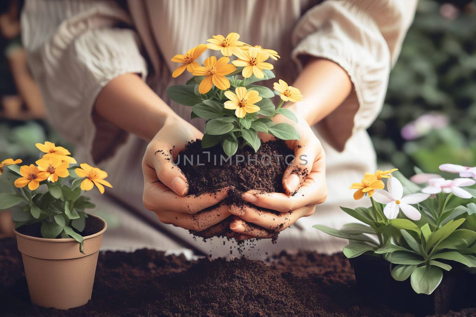 Gardener woman planting flowers in the garden at sunny morning. by EkaterinaPereslavtseva