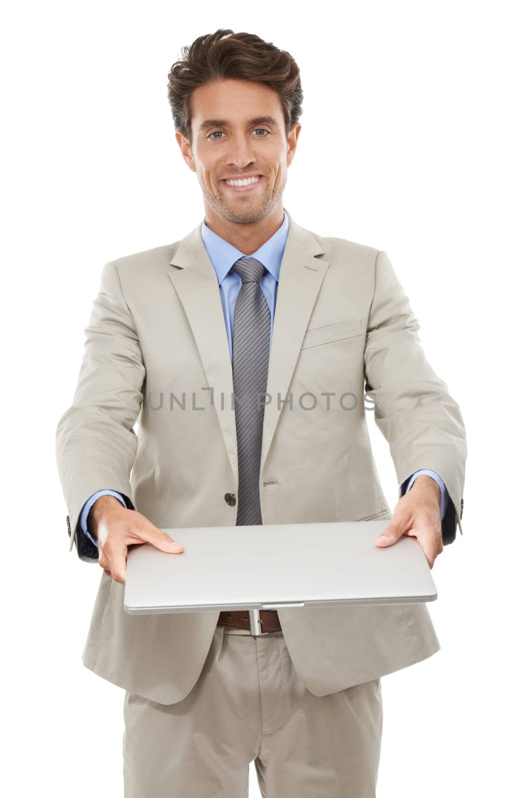 Businessman, laptop and face or happy in studio with internet and communication for startup career. Entrepreneur, portrait and person with technology and smile for networking on white background by YuriArcurs