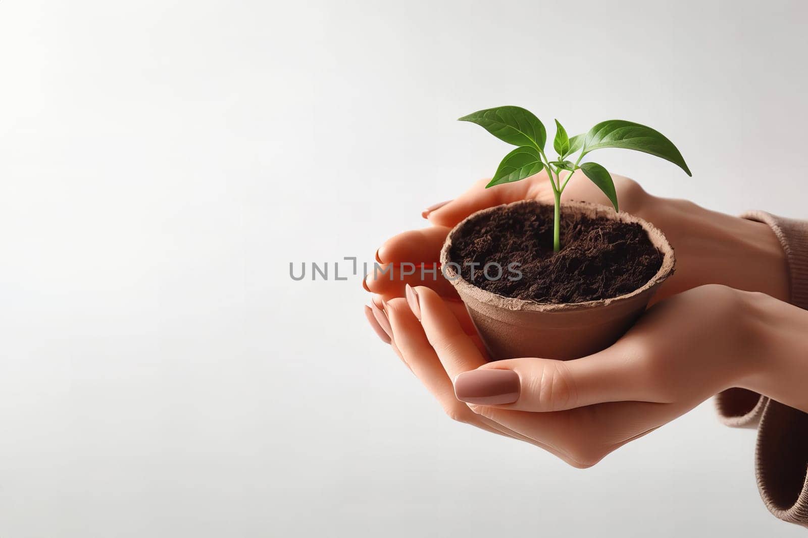 Plant in hands, on white background. The concept of ecology, environmental protection, nature, and care.