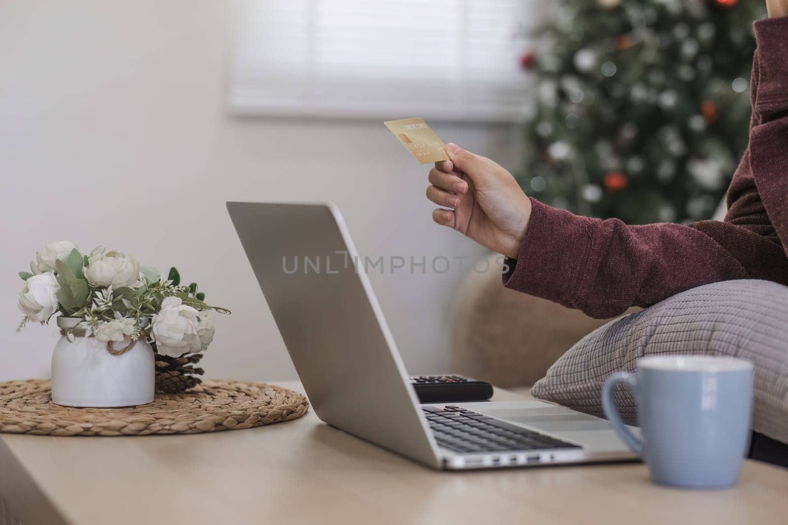 Young Asian woman in a good mood sits on the sofa in the living room and uses a laptop and a credit card. Check out the new website for online shopping. by wichayada