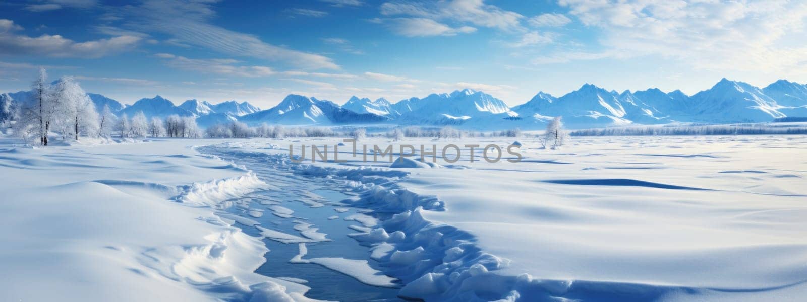 Frozen wasteland snow mountains panorama, Generate with Ai.