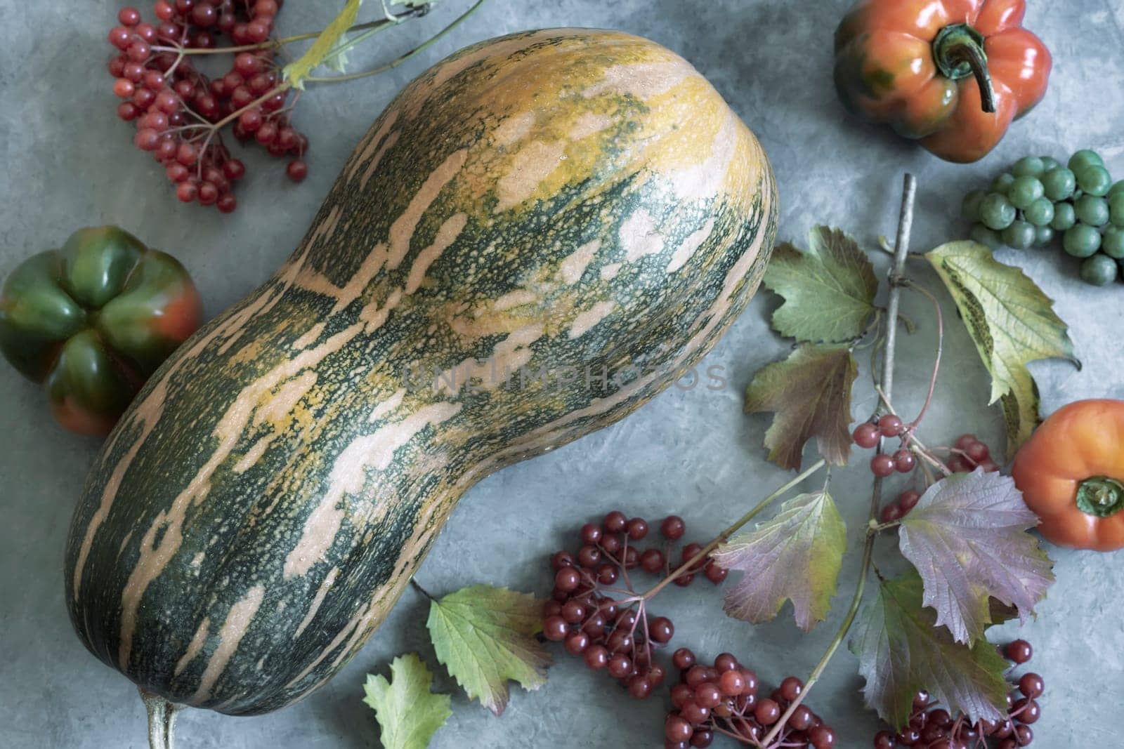 Autumn harvest. On the table is a large ripe pumpkin with bunches of viburnum berries, vegetables, fruits. Top view, close-up.